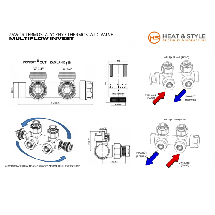 Zawór termostatyczny zespolony MULTIFLOW INVEST, biały lewy